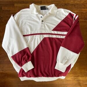 Vintage 90s Men's Burgundy and White Color Block Long Sleeve Polo / L XL